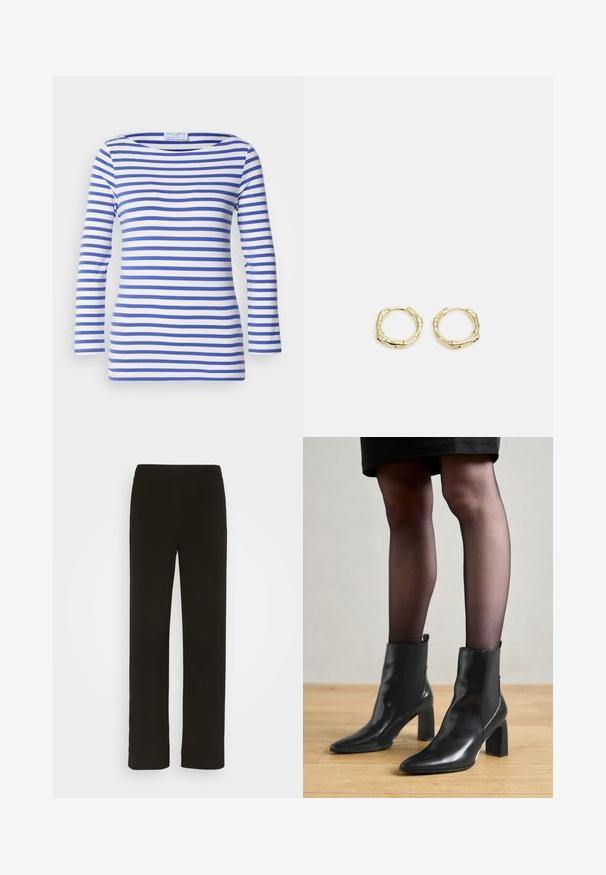 Pamučna bluza dugih rukava plave i bijele prugaste boje, izrađena od mekog materijala, s dizajnom izrezom u obliku čamca i prilagođenim siluetom. Nema vidljivih metalnih dijelova.; Crne hlače ravnog kroja napravljene od tkanine, s ravnim prednjim dijelom, dva bočna džepa i glatkom teksturom. Nema vidljivih uzoraka ili akcenata.; Crne kožne gležnjače s šiljastim vrhom, robusnim četvrtastim potplatom i elegantnim dizajnom. Imaju elastične bočne panele za jednostavno oblačenje.; Zlatne okrugle naušnice s teksturiranim, nepravilnim oblikom. Imaju nevidljivo zatvaranje i polirani završni sloj, što naglašava moderan dizajn.