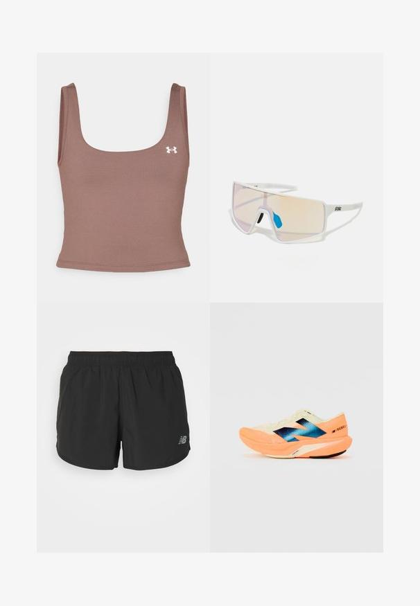 Top corto marrón con escote cuadrado, hecho de una tela suave y elástica. Cuenta con un pequeño logo blanco en el lado izquierdo.; Pantalones cortos deportivos negros con cinturilla elástica, hechos de tela ligera. Presenta un pequeño logo gris en la parte inferior derecha.; Zapatilla de running con un upper ligero en color crema, branding azul y acentos naranjas en la suela. Textura de malla para mayor transpirabilidad.; Gafas de sol con marco blanco y lentes grandes en degradado que presentan un tinte de rosa a naranja claro, acentuadas con una pieza nasal azul y un detalle del logo.