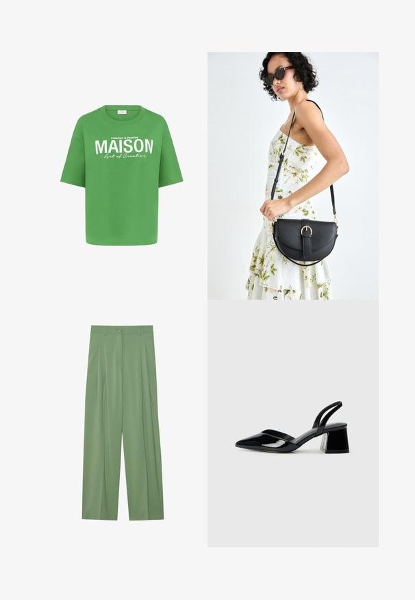 Tricou verde din bumbac cu o croială lejeră, mâneci scurte și text imprimat alb care spune "MAISON" împreună cu un text mai mic dedesubt.; Pantaloni largi verzi dintr-un material neted. Prezintă pliuri în față, o închidere cu un singur nasture și curea.; Pantofi cu toc slingback din piele lacuită neagră, cu vârf ascuțit și toc geometric. Prezintă un design elegant, minimalist și o textură netedă.; Geantă din piele neagră, cu o formă curbată, curea detașabilă și accesorii aurii. Geanta are un capac cu un detaliu tip cataramă.