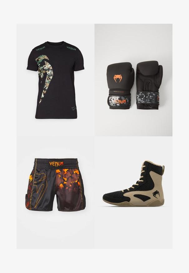 T-shirt de algodão preta com um grande gráfico em camuflagem e o texto "Venum" em verde nos ombros. Mangas curtas, corte padrão.; Calções Venum pretos e laranjas com um acabamento brilhante, padrões de camuflagem contrastantes e uma cintura elástica com detalhe do logo.; Sapatilha desportiva de cano alto com um exterior em malha preta e detalhes em bege. Sola de borracha texturada e detalhe do logótipo na lateral.; Luvas de boxe pretas com acabamento mate e design ergonómico. Detalhes do logótipo em laranja e tiras de pulso com padrão de camuflagem.