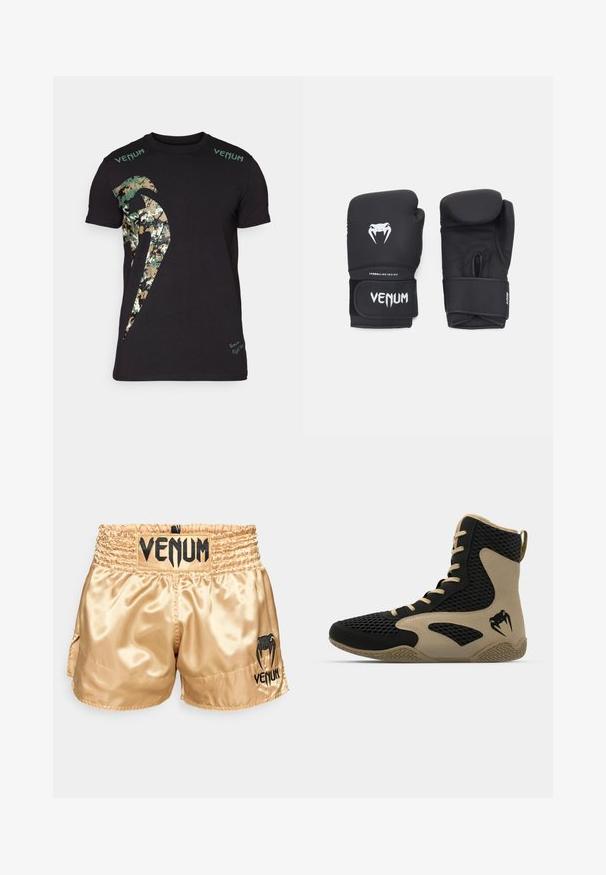Schwarzes Baumwoll-T-Shirt mit einem großen Camouflage-Graphic und "Venum"-Text in Grün auf den Schultern. Kurze Ärmel, normale Passform.; Goldene Satin-Boxershorts mit schwarzem "VENUM"-Logo am Bund und an der Seite, mit einer glatten Textur und elastischem Bund für maximalen Komfort.; Hochschuh mit schwarzem Mesh-Obermaterial und beigen Akzenten. Strukturiertem Gummisohle und Logodetail an der Seite.; Schwarze Boxhandschuhe mit glatter Oberfläche, ausgestattet mit einem weißen Venom-Logo und einem verstellbaren Klettverschluss für einen sicheren Sitz.