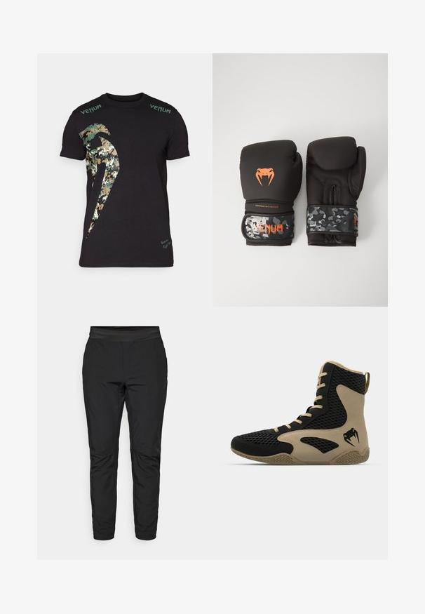 Čierne bavlnené tričko s veľkým kamuflážovým grafickým motívom a textom "Venum" v zelenej farbe na ramenách. Krátke rukávy, štandardný strih.; Čierne legíny s priliehavým strihom, elastickým pásom a vreckami na zips. Hladká textúra s mierne lesklým povrchom.; Vysoké športové topánky s čiernou sieťovinou a béžovými akcentmi. Štruktúrovaná gumová podrážka a detail loga na boku.; Čierne boxerské rukavice s matným povrchom a ergonomickým dizajnom. Oranžové logo a manžety s maskáčovým vzorom.