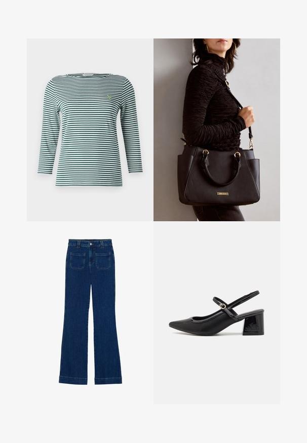 Stripet langermet t-skjorte i mørkegrønn og hvit, med rund hals og et lite grønt hjerte på brystet. Myk stoff.; Jeans i mørkeblå denim med vide ben, glatt tekstur, fem lommer og knappland i midjen.; Sorte lakk lær slingback hæler med spiss tå, et avrundet utskjæringsdesign og blokkheel. Har en gulltone spenne som detalj.; Svart håndveske med teksturert overflate, doble topphåndtak og justerbar skulderrem. Har detaljer i gulltone og sidelommer.