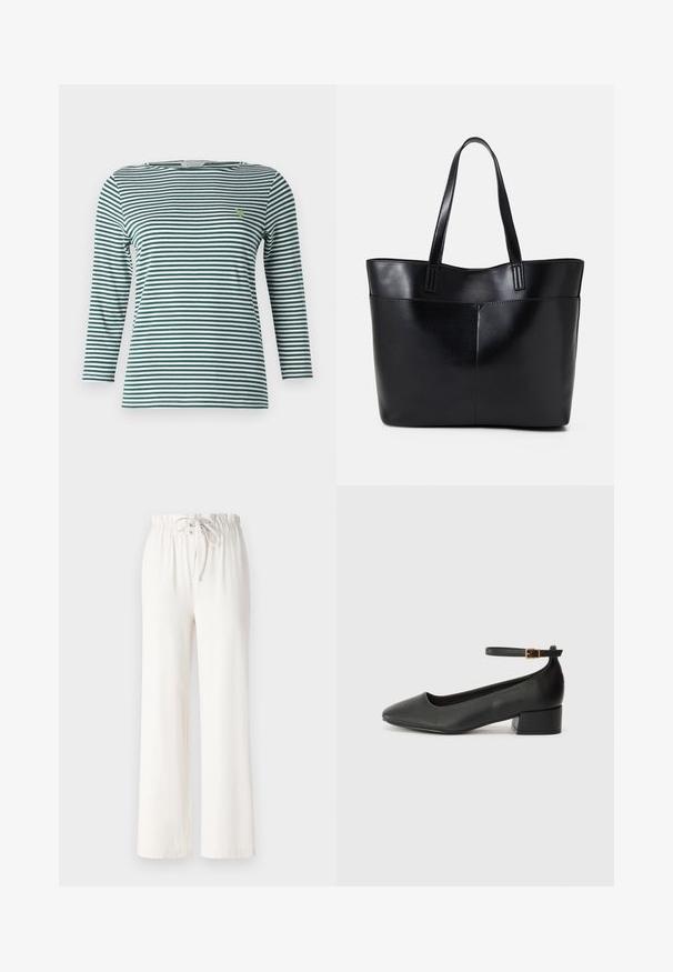 Randig långärmad t-shirt i mörkgrön och vit, med rundad halsringning och en liten grön hjärtdekor på bröstet. Mjuk tyg.; Vita vida byxor i mjukt tyg, med resår och snörning i midjan samt en slät yta. Inga mönster eller dekorationer synliga.; Svart läderpump med spetsig tå och en låg klack. Har en ankelsnodd med en guldtonad spänne. Slät textur.; Svart läder tote-väska med två långa handtag, en slät yta och en strukturerad form. Har en framficka för extra förvaring.