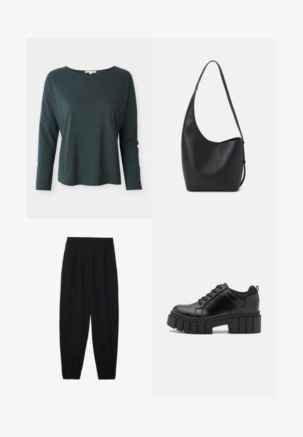 Dunkelblaugrünes Langarmshirt mit lässiger Passform und Bootsausschnitt auf weißem Hintergrund, Größe S, aus weichem, leichtem Stoff.; Schwarze, leichte Hosen mit einem elastischen Bund und gerafften Knöcheln. Der Stoff ist glatt und hat ein entspanntes, schmal zulaufendes Design.; Schwarze Lederplateauschuhe mit klobigem Blockabsatz, runder Zehenpartie und traditionellem Schnürdesign. Verfügt über eine glatte Textur und minimale Details.; Schwarze Leder-Hobo-Tasche mit einer glatten Textur, geschwungener Form und einem einzelnen verstellbaren Tragegurt; verfügt über eine weite Öffnung am oberen Ende.