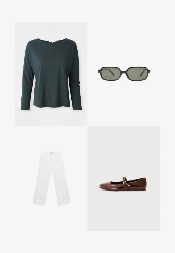 Donkerblauwe langemouwen relaxte shirt met een bootnek op een witte achtergrond, maat small, van zacht lichtgewicht materiaal.; Witte denim wijde broek met een klassiek vijf-pocket ontwerp, metalen hardware en contrasterende stiksels. Soepele textuur en een relaxte pasvorm.; Bruine gepatineerde leren balletschoen met een vierkante neus en een bandje met een kleine gouden gesp. Gladde textuur, lage hak en minimalistisch ontwerp.; Zwarte rechthoekige zonnebril met donkergroene lenzen, met een plat ontwerp, minimalistische zijkanten en een lichtgewicht frame voor comfort.; Zwarte lederen handtas met gevlochten handvatten, ritsvak en hangende franjes. Gelaagde oppervlakte met metalen studs en hardwareaccenten.