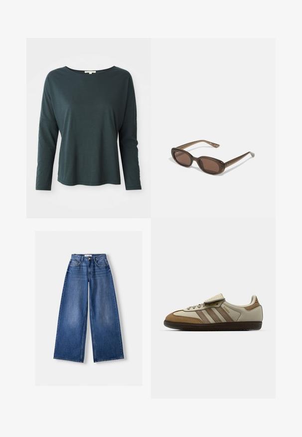Donkerblauwe langemouwen relaxte shirt met een bootnek op een witte achtergrond, maat small, van zacht lichtgewicht materiaal.; Bershka WIDE-LEG - Wide leg - dark blue; Bruine en crèmekleurige sportschoen met drie beige strepen, gemaakt van suede en leer, vetersluiting ontwerp en rubberen zool. Tekstlogo aan de zijkant.; Brown ovalen zonnebrillen met donkere lenzen. Het montuur is gemaakt van doorzichtig bruin materiaal en heeft een logo dat op de slapen is gedrukt.; Bruine suède tote bag met twee schouderbanden, een ruime rechthoekige vorm en een minimalistisch ontwerp. Zachte textuur met een gladde afwerking.