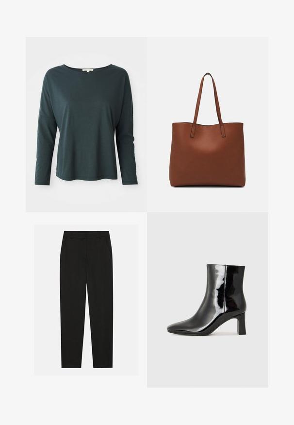 Mørk teal langermet avslappet skjorte med båtutringning på hvit bakgrunn, størrelse liten, myk lettvektig stoff.; Sorte bukser med skreddersydd design, med sidelommer og rett ben. Laget av glatt, lett stoff med en elegant finish.; Sorte patentlær ankle boot med spiss tå og en mellomhøy blokkhelt. Glatt tekstur og minimalistisk design.; Brun lær tote veske med en jevn tekstur, åpen toppdesign og to skulderstropper. Har minimal søm og ingen synlige spiker.