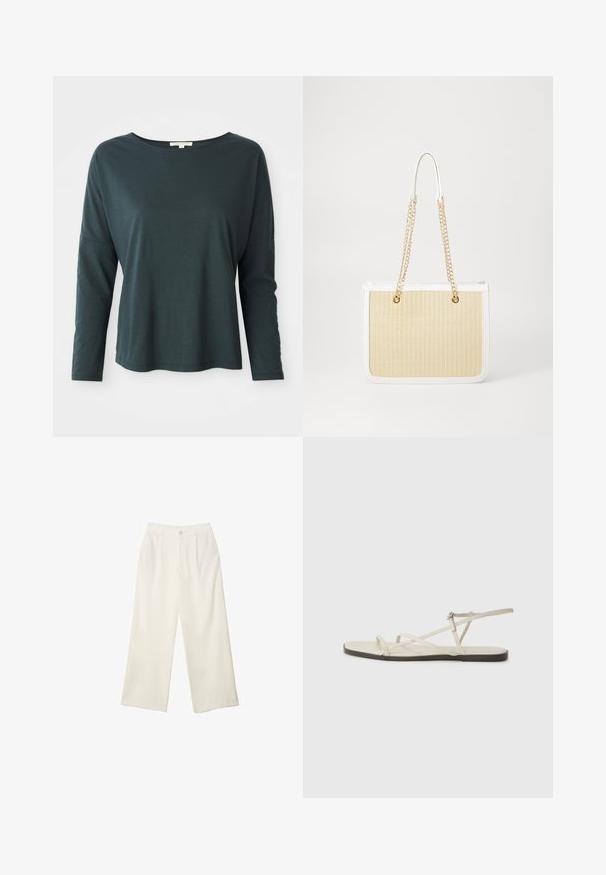 Dunkelblaugrünes Langarmshirt mit lässiger Passform und Bootsausschnitt auf weißem Hintergrund, Größe S, aus weichem, leichtem Stoff.; Helle Stoffhose mit weitem Bein und glatter Textur, ausgestattet mit einem einzelnen Knopf vorne, dezenten Falten und einem Hochbund-Design.; Beige flache Sandale mit mehreren schlanken Riemen und einer verstellbaren Schnalle. Die Sohle ist flach und hat einen leichten dunklen Kontrast am Rand.; Beige geflochtene Strohtasche mit weißen Lederakzenten, doppelten goldenen Kettengriffen und rechteckiger Form. Die Oberfläche zeigt ein strukturiertes Muster.