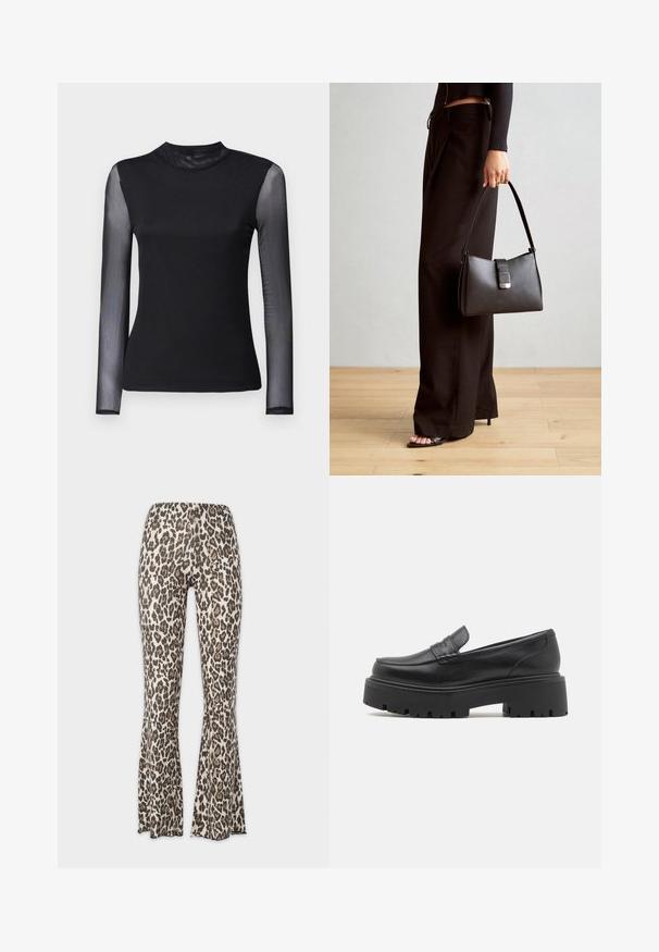 Črna majica z dolgimi rokavi in visokim ovratnikom; trdna tkanina na telesu in prosojni mrežasti rokavi; gladka tekstura; prilegajoča zasnova.; Hlače z leopardjim potiskom, razširjene na dnu, v kremnih in rjavih odtenkih, z oprijetim pasom in širokim odprtjem. Gladka tekstura, raztegljiv material.; Črne usnjene loaferke z nizkim, robustnim gumijastim podplatom, šivanim detajlom na zgornjem delu in gladko teksturo.; Črna torbica z strukturirano obliko, gladko teksturo in kovinskim zaponko. Ujemajo se z širokimi črnimi hlačami in odprtimi sandali na lesenem tleh.