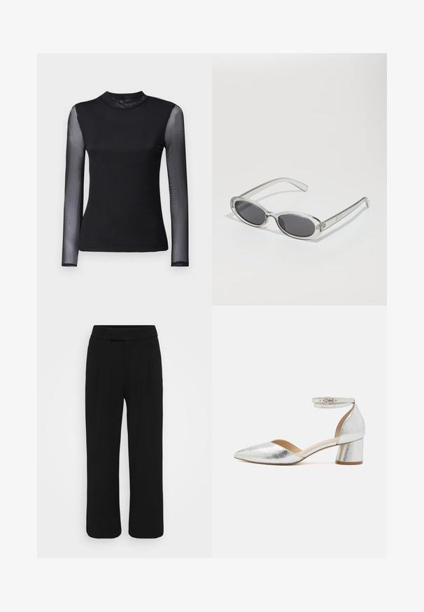 Μαύρη μακρυμάνικη τοπ με ψηλή λαιμόκοψη; ενιαίο ύφασμα στο σώμα και διαφανείς μανίκες από πλέξη; λείο υλικό; εφαρμοστή σχεδίαση.; Μαύρο παντελόνι με φαρδιά γραμμή από λεία ύφασμα, διαθέτοντας επίπεδο μπροστινό μέρος, θηλιές ζώνης και χωρίς ορατές τσέπες. Καθαρός, κομψός σχεδιασμός.; Ασημί μεταλλικό παπούτσι με μυτερή μύτη, χαμηλό τακούνι και λουράκι στον αστράγαλο με πόρπη σε λευκό φόντο.; Γυαλιά ηλίου με οβάλ σχήμα, διαφάνειας πλαστικό σκελετό, σκούρους γκρίζους φακούς και λεπτούς διαφανείς βραχίονες με λογότυπα και ελάχιστες λεπτομέρειες.