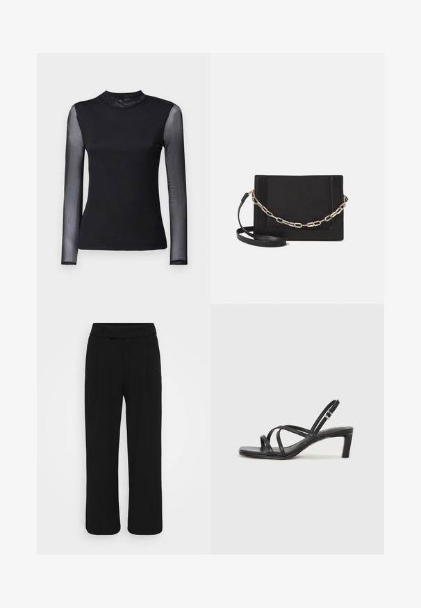 Melnas garas piedurknes blūze ar augstu kakla izgriezumu; blīvs audums ķermenim un caurspīdīgas mežģīņu piedurknes; gluda tekstūra; pieguloša dizaina.; Melnas platās bikses, izgatavotas no gludas auduma, ar plakanu priekšpusi, jostu cilpiņām un bez redzamām kabatām. Tīrs, šūts dizains.; Melnas strappy sandales ar kvadrātveida purngaliem un zemu bloku papēdi. Ievērojamas ar vairākiem plāniem siksniņām un regulējamu potītes siksniņu. Izgatavotas no gludas ādas.; Melna ādas crossbody soma ar gludu faktūru, taisnstūrveida formu un metalizētu ķēdes detaļu priekšā. Iekļauta regulējama siksna.