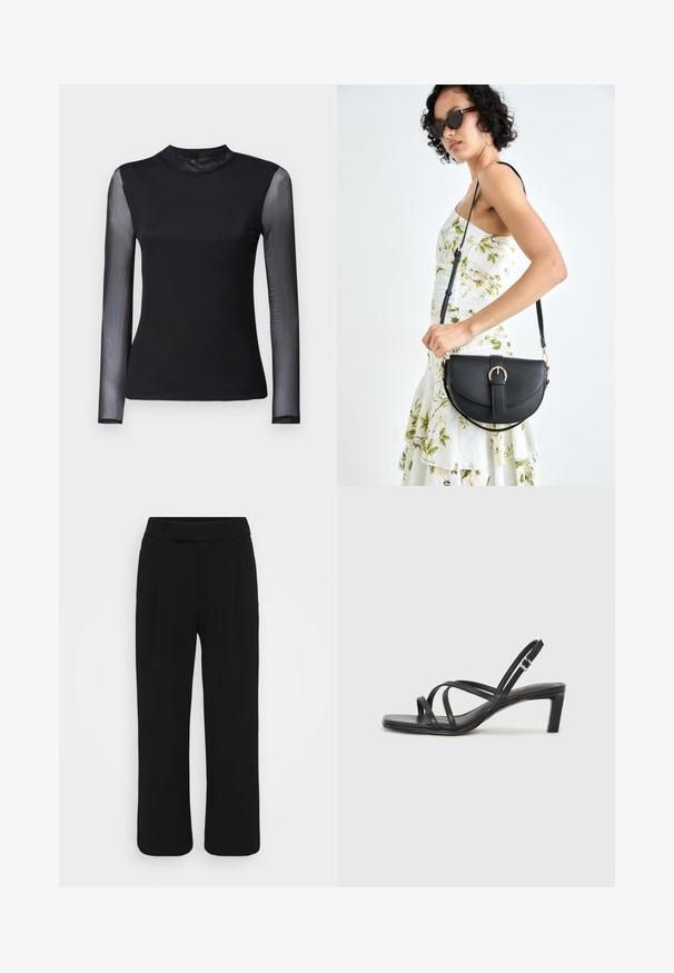 Fekete hosszú ujjú felső magas nyakkivágással; az anyag tömör a testen, az ujjak áttetsző hálós anyagból készültek; sima tapintás; testhezálló dizájn.; Fekete, bőszárú nadrág sima anyagból, lapos elülső résszel, övhurkokkal és látható zsebek nélkül. Tiszta, igényesen szabott dizájn.; Fekete pántos szandál négyzetes orral és alacsony blokk sarkal. Több vékony pánttal és állítható boka pánttal rendelkezik. Sima bőrből készült.; Fekete bőrtáska ívelt formával, levehető pánttal és arany színű fémrészekkel. A táskán egy csattal díszített fedél található.