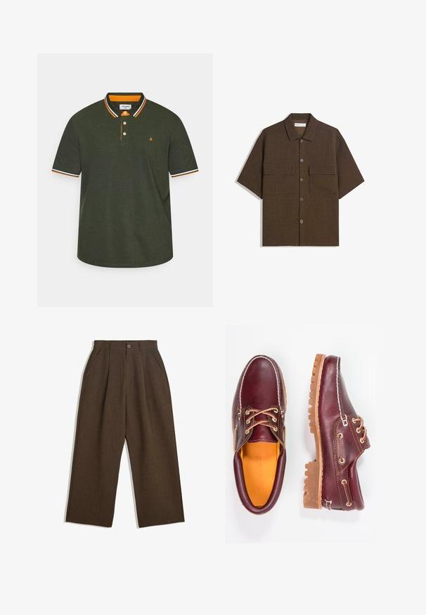 Polo tričko v tmavozelenej farbe so striedavým oranžovým a bielym golierom, s trojradovým gombíkom a malým logom na hrudi.; Krátky rukáv, tmavo hnedá košeľa vyrobená z textúrovaného materiálu. Má zapínanie na gombíky a dve náprsné vrecká. Neformálny dizajn s voľným strihom.; Hnedé plisované nohavice s širokým strihom, vybavené zapínaním na gombík a bočnými vreckami, vyrobené z textúrovaného materiálu vhodného na neformálne nosenie.; Bordové kožené topánky s hnedými gumovými podrážkami, okrúhlou špičkou, bielym prešívaním a zlatými kovaniami. Interiér má žlté podšívku.