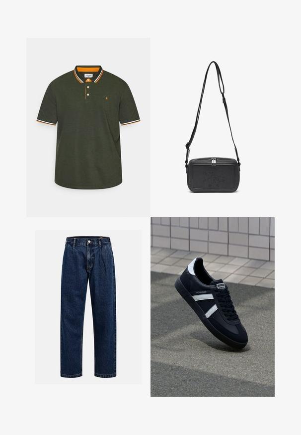 Polo skjorte i mørkegrøn, med en krave i orange og hvid strib. Den har en tre-knaps knaplukning og et lille logo på brystet.; Mørkeblå denimjeans med lige ben-design. Har synlige syninger, en knaplukning og frontfoldninger for ekstra detalje.; Sort lædersneaker med hvide striber, tekstureret gummisål og snørrebånd foran. Har et brandet mærke på tungen.; Sort læder crossover taske med lynlåslukning, præget logo på fronten og justerbar rem. Glat tekstur med rektangulær form.