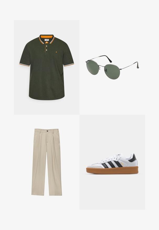 Polo skjorte i mørkegrøn, med en krave i orange og hvid strib. Den har en tre-knaps knaplukning og et lille logo på brystet.; Beige bukser med lige snit, der har en enkelt sort knap, bæltestropper og sidelommer. Glat stoftekstur og minimalistisk design.; Hvide sneakers med sorte striber, ruskinds tåhætte og gummisål. Har snørelukning og branding på tungen og siden.; Metalrammede solbriller med ovale grønne linser. Tynd sølvmetalramme og sorte ørepropper. Minimalistisk design, ingen synlige logoer.