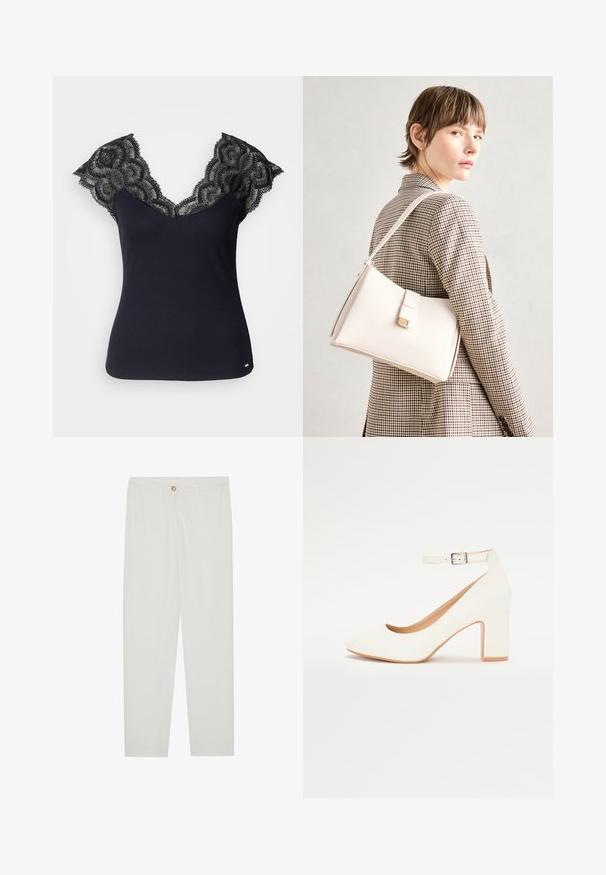 Čierny rebrovaný top s hlbokým výstrihom do V a čipkovými detailami na pleciach so zúbkovanými okrajmi. Minimálne kovové akcenty na spodnom okraji.; Biele, priliehavé nohavice s rovnými nohavicami, so zapínaním na gombík, pútkami na opasok a bočnými vreckami; hladká textúra látky.; Biele lodičky na vysokom podpätku s špicatou špičkou, blokovým podpätkom a remienkom okolo členka. Hladký povrch s jemným leskom a béžovým vnútorným podšíváním.; Biely kožený kabelka so štruktúrovaným dizajnom, s magnetickým uzáverom a ramenným popruhom, vystavená na neutrálnom pozadí.