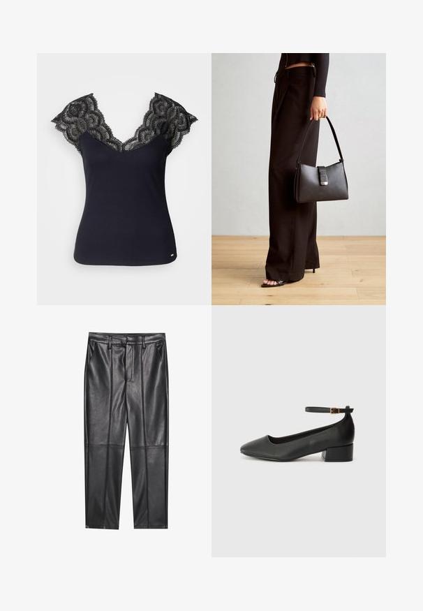 Black ribbed tank top featuring a deep V-neck with lace detailing at the shoulders and scalloped edges. Minimal hardware accents at the hem.; Black leather trousers with a smooth texture, featuring a straight fit, two front pockets, and visible seam detailing.; Black leather pump with a pointed toe and a low block heel. Features an ankle strap with a gold-tone buckle. Smooth texture.; Black handbag with structured shape, smooth texture, and a metallic clasp. Paired with wide black pants and open-toe sandals on wooden floor.