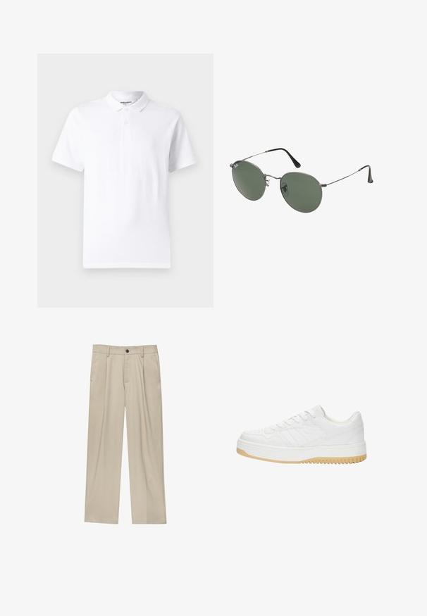 Bílá polo tričko s klasickým límečkem, dvouknoflíkovou légy, krátkými rukávy a malým logem na hrudi. Vyrobeno z hladké tkaniny.; Béžové kalhoty klasického střihu, se jedním černým knoflíkem, poutky na opasek a bočními kapsami. Hladká textilie a minimalistický design.; Bílé kožené tenisky s texturovaným povrchem, vybavené gumovou podrážkou, šněrovacím designem a jemnými proužkovými akcenty po stranách.; Sluneční brýle s kovovým rámem a oválnými zelenými skly. Tenký stříbrný kovový rám a černé chrániče uší. Minimalistický design, žádné viditelné logo.