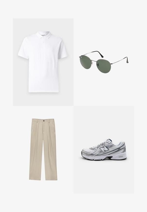 Polo bianco con un colletto classico, un patta con due bottoni, maniche corte e un piccolo logo sul petto. Realizzato in tessuto morbido.; Pantaloni beige a taglio dritto, con un solo bottone nero, passanti per la cintura e tasche laterali. Tessuto dalla texture liscia e design minimale.; Scarpa da ginnastica New Balance con tomaia in rete, prevalentemente bianca con accenti grigi e blu navy, caratterizzata da una soletta imbottita e dettagli testurizzati.; Occhiali da sole con montatura in metallo e lenti verdi ovali. Montatura sottile in metallo argento e terminali neri. Design minimalista, senza loghi visibili.