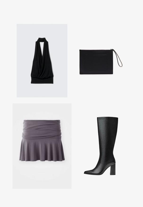 Top negru fără mâneci, fabricat dintr-un material moale, având un design drapat cu decolteu halter și un tiv strâns. Fără modele sau accesorii.; Fustă gri, până la genunchi, confecționată dintr-un material moale, cu talie strânsă și tiv evazat. Prezintă o textură fină și un design simplu.; Bot negre până la genunchi, realizat din piele ecologică, cu vârf ascuțit, textură netedă și toc gros. Design minimalist fără accente vizibile.; Geantă de umăr neagră, realizată dintr-un material texturat, cu o formă rectangulară, având închidere cu fermoar și o curea pentru încheietura mâinii. Include un buzunar frontal.