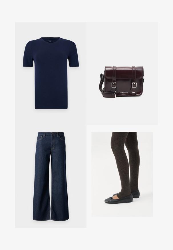 Námořnická modrá, tričko s krátkým rukávem a kulatým výstřihem vyrobené z měkké bavlny. Má pravidelný střih s rovnými lemy pro pohodlný design.; Džínsy s širokými nohavicemi v tmavě modré barvě. Mají kontrastní švy, pět kapes a zapínání na knoflík v pase. Hladká textura.; Černé ploché boty s malou mašlí na špičce, kombinované s tmavě hnědými žebrovanými punčochami. Boty mají hladký povrch a nízký profil.; Burgundská lakovaná křížová taška obdélníkového tvaru, se dvěma popruhy, stříbrnými kovovými doplňky a klopovým uzávěrem.