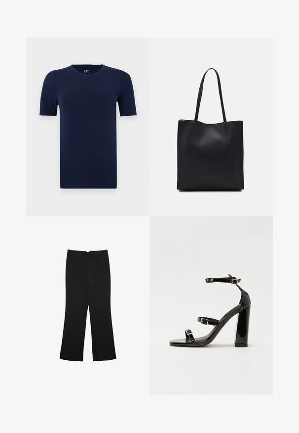 Tamna plava majica s kratkim rukavima i okruglim izrezom, izrađena od mekog pamuka. Ima regularan kroj s ravnim rubovima za udoban dizajn.; Crne hlače ravnog kroja, s prednjim džepovima i bočnim prorezima na rubu. Izrađene od mekog i glatkog materijala. Pogodne za razne prigode.; Crne lakirane sandale na pete sa kvadratnim nosom, trakama oko gležnja i srebrnim kopčama. Imaju čvrst blok petu za stabilnost.; Crna kožna torba za nošenje s glatkom teksturom, pravokutnim oblikom i dvije duge ručke. Nema vidljivih metalnih dijelova ili ukrasa.