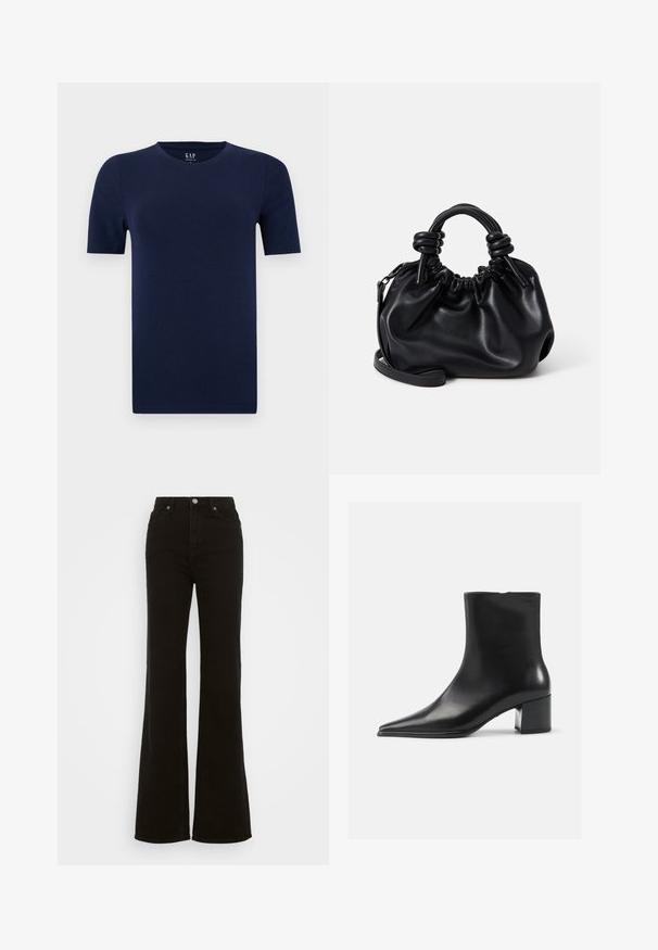Námornícky modré tričko s krátkym rukávom, s okrúhlym výstrihom, vyrobené z mäkkej bavlny. Má bežný strih a rovné lemy pre pohodlný dizajn.; Čierne riflové nohavice s vysokým pásom a rozšírenými nohavicami, s gombíkovým zapínaním, bočnými vreckami a hladkou textúrou.; Čierne kožené členkové topánky s špicatou špičkou, hladkou textúrou a stredným blokovým podpätkom. Minimalistický dizajn, zips na zadnej strane.; Čierna kožená kabelka s nariaseným dizajnom, krátkymi zaoblenými uchami a odnímateľným ramenným pásom. Hladká textúra s jemným siluetou.