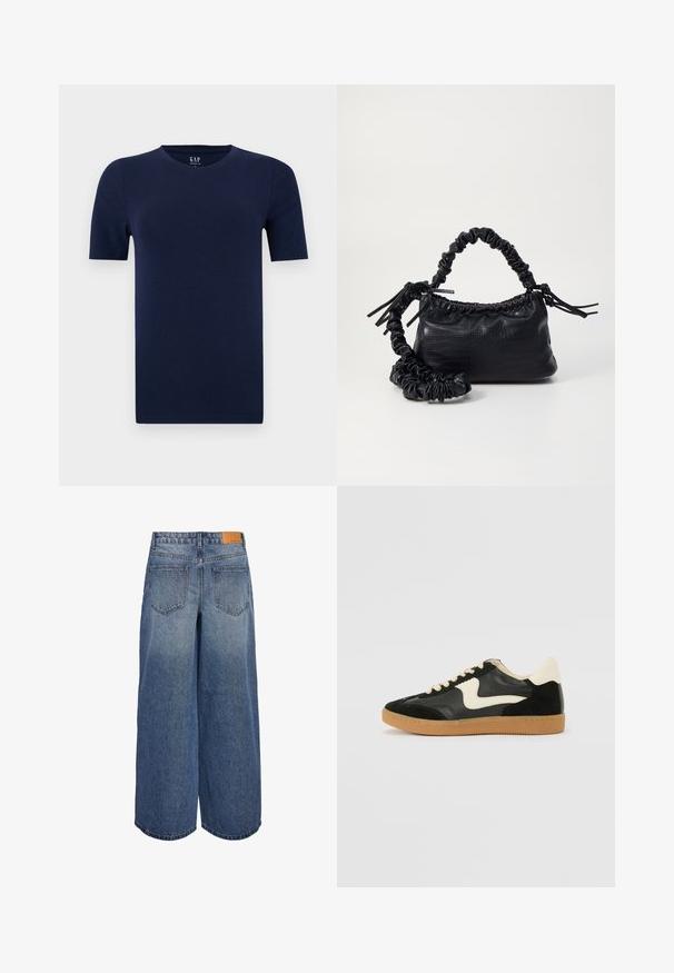 Tamna plava majica s kratkim rukavima i okruglim izrezom, izrađena od mekog pamuka. Ima regularan kroj s ravnim rubovima za udoban dizajn.; Široke traper culotte hlače u srednje plavoj boji s izblijedjelom teksturom, s dvije stražnje vrećice i smeškim kožnim oznakom branda na pojasu.; Crna nubuk i kožna tenisica s kremastim bočnim swooshom i svijetlom kremastom petom. Sadrži bež vezice i gumu na potplatu.; Crna torba od umjetne kože s teksturom krokodila, s cinčanim vrhom i naboranom trakom. Izgleda mekano i kompaktno u dizajnu.