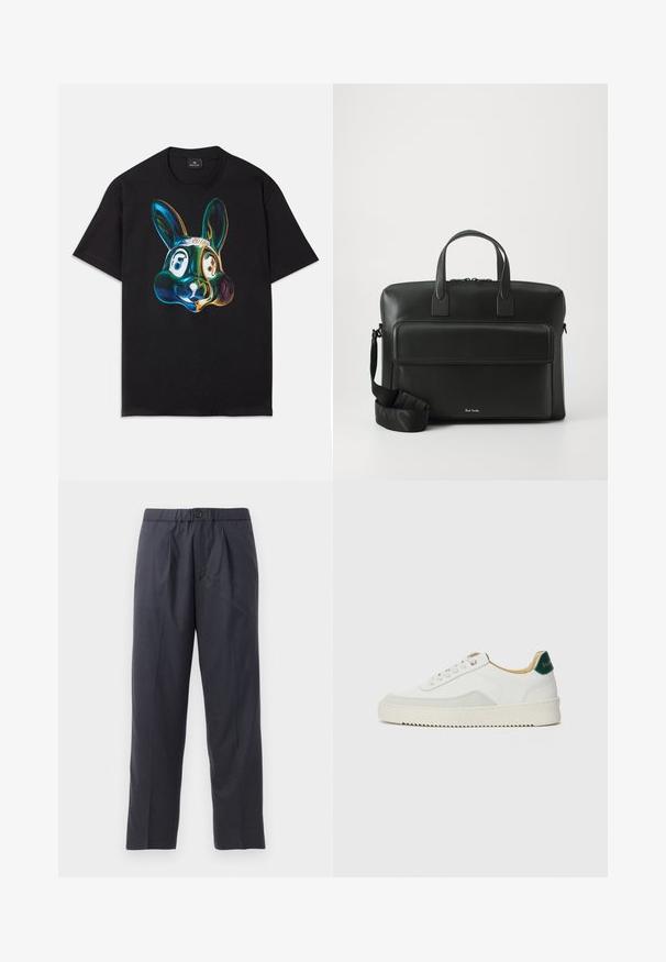 Zwarte katoenen t-shirt met een kleurrijke, abstracte illustratie van een konijnenhoofd op de voorkant. Ronde hals, korte mouwen en een losse pasvorm.; Donkerblauwe broeken van zachte stof met een geplooid voorkantontwerp en een elastische tailleband. Voorzien van een knoopsluiting en een rechte pijp.; Witte sneaker met suède accenten, ronde neus, platte veters en een crème rubberen zool. Bevat groene branding op de hiel.; Zwarte leren aktetas met dubbele handgrepen aan de bovenkant, een voorvak en een afneembare schouderriem, met subtiele branding aan de onderkant.