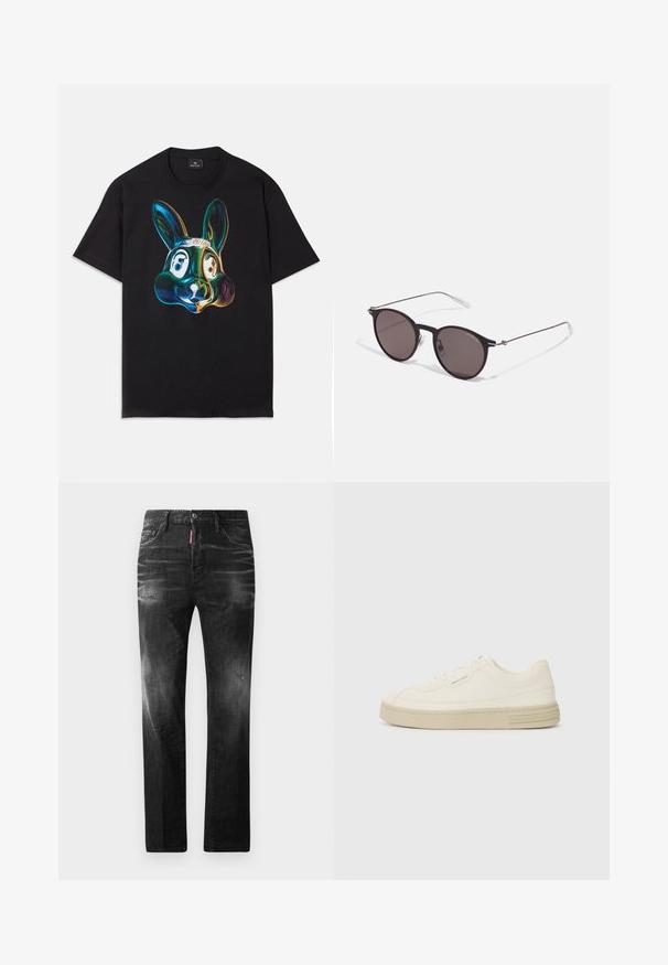 Čierny bavlnený tričko s farebnou, abstraktnou ilustráciou zajačej tváre na prednej strane. Okrúhly výstrih, krátke rukávy a voľný strih.; Čierne denimové džínsy so štandardným strihom. Obsahujú vyblednuté oblasti, drobné opotrebenie, klasický dizajn s piatimi vreckami a zapínanie na gombík.; Biele plátenné tenisky s textúrovanou gumovou podrážkou, so šitým špičkovým krytom a logom na päte. Jednoduchý dizajn so šnurovaním.; Čierne okrúhle slnečné okuliare s tmavými sklami a tenkými kovovými ramenami. Obsahujú priehľadné konce rámov a strieborné akcenty na pántoch. Minimalistický dizajn.