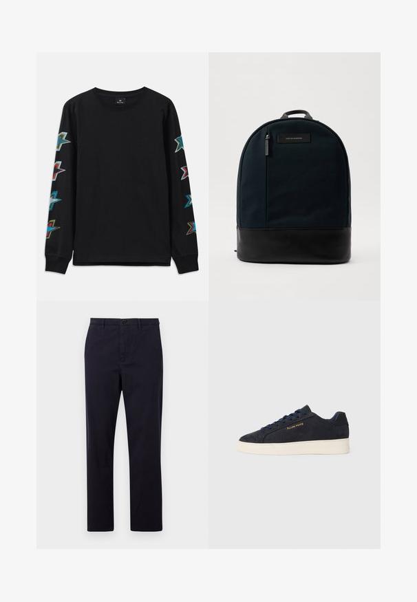Chemise noire à manches longues en coton, ornée de motifs d'étoiles colorées sur les deux manches et dotée d'un col rond.; PS Paul Smith TROUSER - Chino - dark blue; Baskets basses en daim bleu marine avec semelle blanche, lacets bleu marine et logo "Filling Pieces" en or sur le côté.; Sac à dos avec un corps en tissu vert foncé et un fond en cuir noir. Présente une poignée supérieure et une poche zippée à l'avant avec une étiquette.