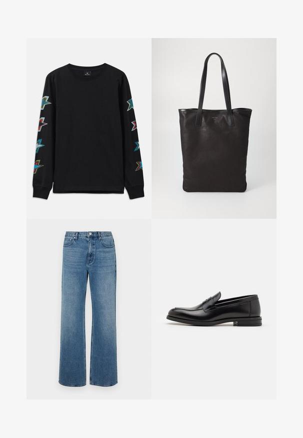 Pikkade varrukatega must puuvillane särk, millel on värvilised tähistaolised mustrid mõlemal varrukal ja ümar kaelus.; Laiad sinised teksad, mis on valmistatud denimist ja millel on kulunud viimistlus. Omab viit taskut, ees nööpidega kinnitust ja sirget lõiget.; Mustad mustad nahast loafers sileda tekstuuriga, ümarat ninaosa ja dekoratiivne riba vampi üle. Madal kihiline konts, minimalistlik disain.; Mustmust kott mustade nahkade käepidemetega. Lihtne disain, avar keha ja sile tekstuur. Pole nähtavaid logosid ega mustreid.