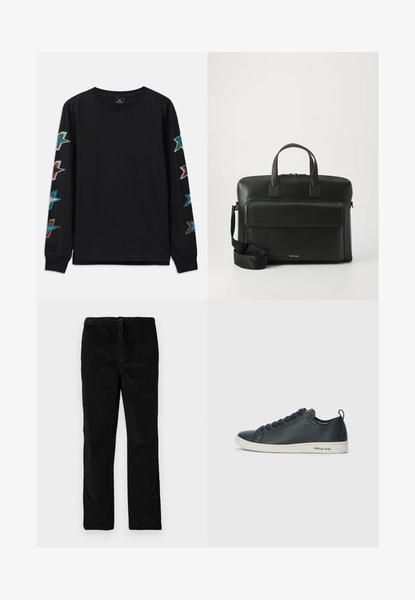 Camisa de manga longa preta feita de algodão, com padrões coloridos de estrelas em ambas as mangas e um decote redondo.; Calças de veludo pretas de pernas retas com cintura elástica e cordão frontal, exibidas contra um fundo branco liso.; Sapatilhas de couro azul-marinho escuras com um acabamento suave, bico arredondado, um fecho de seis ilhós e sola de borracha branca contrastante. Apresenta a marcação na lateral.; Malote em couro preto com duas alças superiores, um bolso frontal e uma alça destacável, apresentando uma marcação discreta na parte inferior.