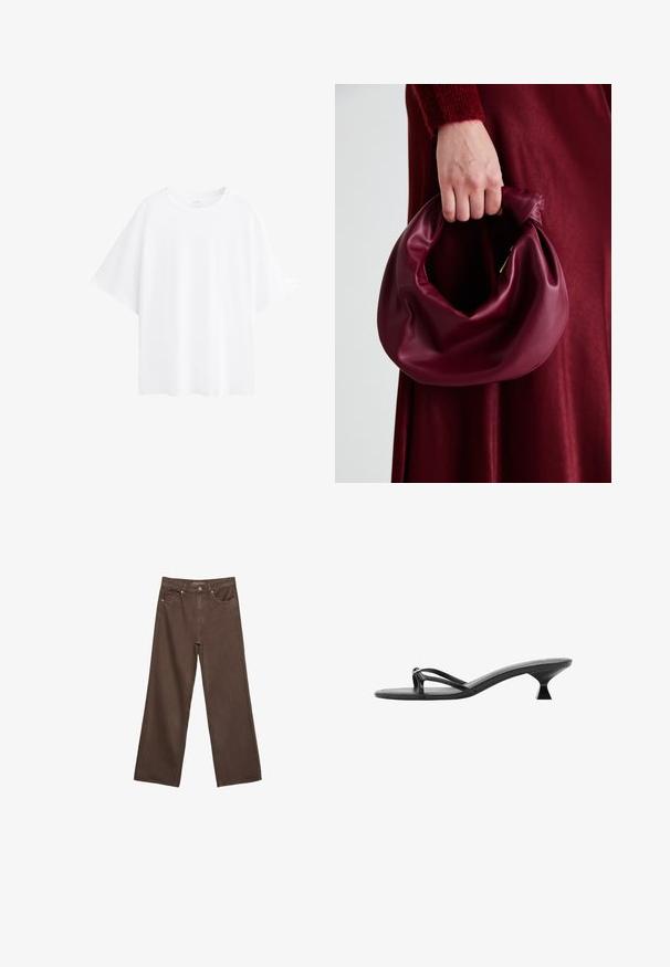 Biele oversized tričko vyrobené z bavlny, s krátkymi rukávmi, okrúhlym výstrihom a hladkou textúrou. Bez vzorov alebo akcentov.; Džínsy s širokými nohavicami v hnedej farbe, vyrobené z denimu, so zvýšeným pásom, prednými vreckami a klasickým zapínaním na gombík. Hladká textúra s jemným prešívaním.; Čierne sandále na vysokom podpätku s elegantným dizajnom, tenkými remienkami a jedinečným trojuholníkovým podpätkom. Hladký povrch s minimalistickým vzhľadom.; Burgundská kožená kabelka s mäkkým, zhromaždeným dizajnom a zaobleným tvarom. Rukoväť je pevne zaisťujúca a vystavuje hladkú textúru.