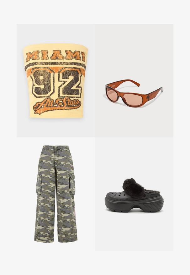 Žuta bezrukavna majica s natpisom "MIAMI" u podebljanom crnom tekstu i brojem "92" u istrošenom crnom i narančastom printu ispod.; Cargo hlače u zeleno-bež kamuflažnom uzorku, s širokim krojem, dva bočna džepa i ružičastim detaljem na nozi.; Crni klompe s mekanim, plišanim gornjim remenom, s perforacijama sprijeda i teksturiranim pete za bolju prianjanje. Lagani i dizajn za jednostavno obuvanje.; Smeđe sunčane naočale kvadratnog oblika, izrađene od prozirne plastike. Imaju zakrivljene ručke i naziv marke "ZIGN" sa strane.