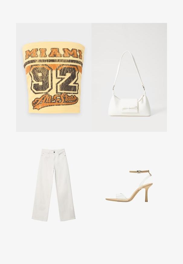 Żółty top bez rękawów z napisem "MIAMI" w pogrubionym czarnym kolorze oraz numerem "92" w zniszczonym czarnym i pomarańczowym druku poniżej.; Białe dżinsy o szerokiej nogawce, wykonane z denimu, z wysokim stanem, pięcioma kieszeniami i metalowym zapięciem. Gładka tekstura, bez wzorów.; Przezroczysta sandał z obcasem, z przezroczystą cholewką, beżową wkładką i smukłym paskiem w okolicy kostki. Posiada spiczasty czubek i cienki wysoki obcas.; Biała syntetyczna torba o trójkątnym kształcie, płaskim przednim klapce i detalach w postaci kokardy, regulowanym pasku, gładkiej fakturze oraz minimalistycznym designie.
