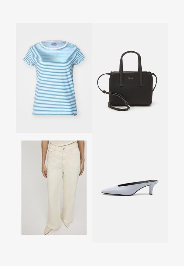 Mads Nørgaard STRIPE TEASY TEE - Triko s potiskem - brilliant white/mediterranian blue; Krémové široké džíny vyrobené z denimu, s vysokým pasem, předními kapsami a uzávěrem na jeden knoflík pro pohodlný střih.; Světle modrý lakovaný kožený mule s špičatou špičkou, nízkým transparentním podpatkem a štíhlým designem s výřezem na nártu.; Černá kabelka s dvojitými krátkými uchy a odnímatelným ramenním popruhem. Hladký koženkový materiál s uzávěrem na zip a detailem loga.