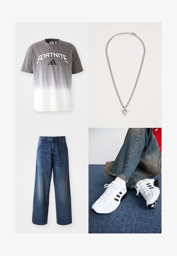 Pilkos ir baltos spalvos gradientinė marškinėliai su žodžiu "FORTNITE" paryškintomis juodomis raidėmis ir Adidas logotipu. Trumpomis rankovėmis, apvalia iškirpte, pagaminti iš medvilnės.; Aukštos talijos mėlynos džinsinės kelnės su plačiomis kojomis, su subtiliu blukimu, priekinėmis kišenėmis ir sagčių uždarymu juosmenyje.; Balti tinkliniai sportiniai bateliai su juodais akcentais, turintys tekstūruotą dizainą ir išskirtinį padas, derinami su mėlynais džinsais.; FAINZ SPIKE HEART CHAIN UNISEX - Grandinėlė - silver-coloured