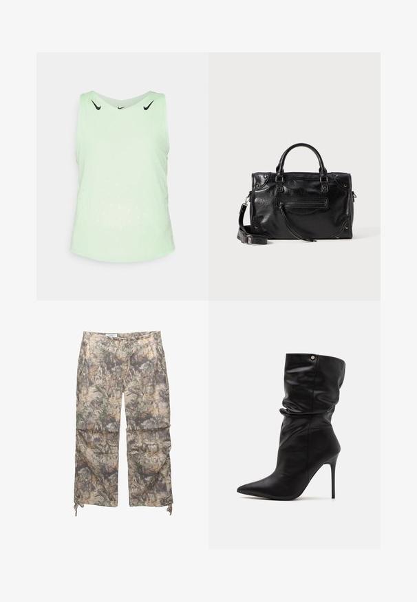 Svetlozelený športový top bez rukávov z priedušného materiálu, s okrúhlym výstrihom a perforovanými vzormi na vetranie.; Nohavice s kamuflážovým vzorom vyrobené z ľahkého materiálu, s elastickým pásom, bočnými vreckami a nastaviteľnými šnúrkami na členkoch.; Even&Odd Wide Fit Členkové čižmy na vysokom opätku - black; Čierna kožená kabelka s dvoma krátkymi ušami a odnímateľným ramenným popruhom. Obsahuje predné vrecko na zips a kovové akcenty. Textúrovaný povrch.