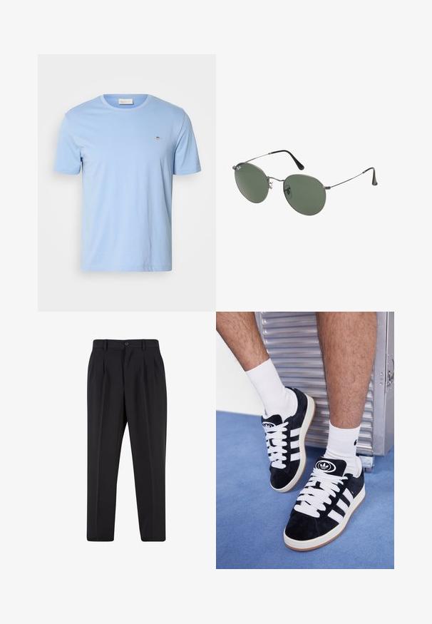 T-shirt bleu clair à manches courtes en coton. Dispose d'un col ras du cou et d'un petit logo brodé sur la poitrine gauche. Texture douce.; Pantalons noirs avec un design de devant plissé, fabriqués à partir d'un tissu lisse. Comprend une fermeture par bouton et des passants de ceinture ; coupe droite.; Baskets en suede noir avec des lacets blancs et trois rayures blanches. Présente un logo circulaire noir sur la languette et une semelle en caoutchouc beige.; Lunettes de soleil en métal avec des verres ovales verts. Monture en métal argenté mince et embouts d'oreille noirs. Design minimaliste, sans logos visibles.