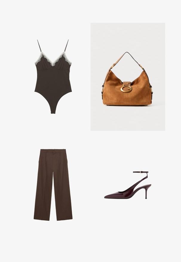 Body marrone con spalline sottili regolabili e bordo in pizzo su una profonda scollatura a V. Tessuto liscio, design aderente e gambe alte.; Pantaloni a gamba larga marroni realizzati in un tessuto liscio, con vita alta, pieghe frontali e due tasche laterali.; Décolleté slingback in pelle lucida bordeaux con punta affusolata, cinturino sottile alla caviglia e tacco a spillo di media altezza su sfondo bianco.; Borsa in suede marrone con forma arrotondata, chiusura in metallo dorato e rifiniture nere a contrasto. Dotata di una singola tracolla per il trasporto.