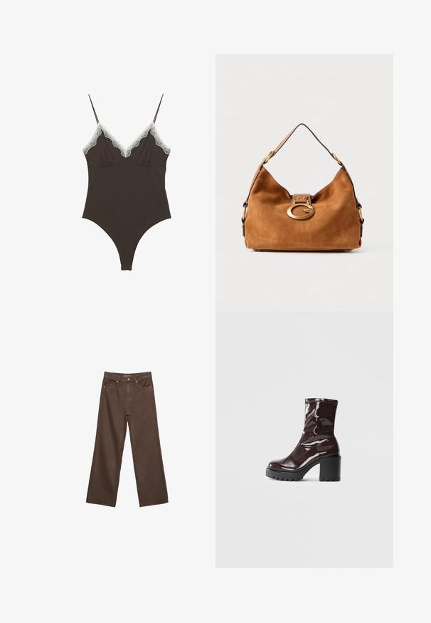 Brun bodysuit med justerbare spaghetti-stropper og blonderkant ved en dyb V-udskæring. Glat tekstur, tætsiddende design og højt skårne ben.; Bredde ben brun denim jeans med høj talje, forlommer og klassisk knaplukning. Glat tekstur med diskret syninger.; Glatte burgunder ankelstøvler med en chunky sort hæl, der har en glat tekstur og et simpelt design. Ingen synlige lukninger eller mønstre.; Brun ruskinds håndtaske med en rund form, en beskrivelse i guldfarvet hardware-lås og en kontrasterende sort kant. Har en enkelt skulderrem til bæring.