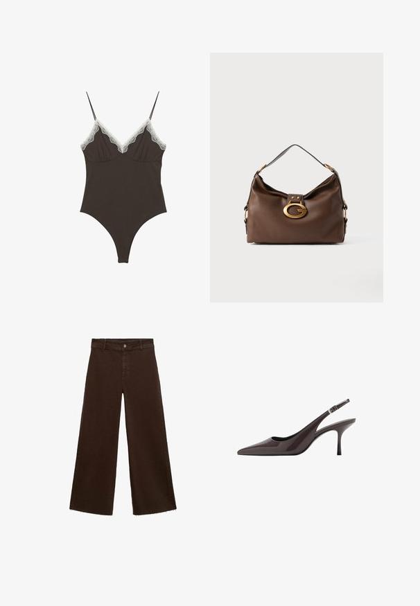 Rjav bodysuit z nastavljivimi tankimi naramnicami in čipkastim robom na globokem V-izrezu. Gladka tekstura, prilegajoča zasnova in visoko izrezane noge.; Rjave široke hlače iz mešanice bombaža, z raztrganim robom, sprednjim gumbom in klasičnim dizajnom s petimi žepi. Minimalistične in vsestranske.; Svetle črne slingback pete s pointed toe v temno rjavi lakirani usnjeni obliki, ki vključujejo vitko visoko peto in nastavljiv gleženjski trak z zaponko.; Rjavo usnjeno ročna torbica z teksturirano površino, ki ima zlato toniran zaklep in en sam, ukrivljen naramnico.