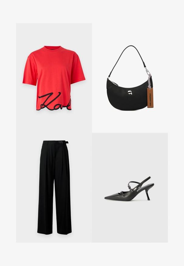 Rød bomull T-skjorte med kortermet, med en svart kursiv logo design langs bunnen. Enkel rund hals.; Svarte vide bukser med høy livlinje, folder foran og belte med spenne. Laget av glatt, lett materiale.; Sorte skinn slingback-hæler med spiss tå, slank hæl og dekorativ spenne detalj på vampsiden. Glatt tekstur og stilrent design.; Svart skinnveske med pebble-tekstur, buet form, glidelås på toppen, sølvfarget hardware og en brun etikett. Inkluderer logo-akkenter.