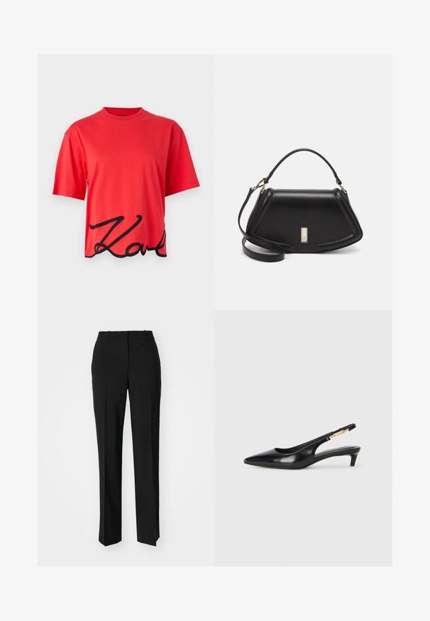 Red cotton t-shirt with short sleeves, featuring a black cursive logo design along the bottom edge. Simple crew neckline.; Black tailored trousers with a straight-leg design, featuring a smooth texture and crisp creases along the front. No visible hardware.; Black leather slingback heels with a pointed toe, featuring a slim heel and a gold-tone accent on the adjustable strap. Smooth texture.; Black leather handbag with a structured design, featuring a cropped shape, top handle, and gold hardware accent. Adjustable shoulder strap included.