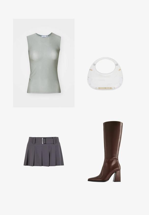 Haut sans manches vert clair en tissu lisse, avec un col montant et une silhouette ajustée. Pas de matériel ou de motifs visibles.; Jupe mini plissée grise avec une texture lisse, dotée d'une large ceinture, de passants de ceinture et d'un détail de boucle rectangulaire en argent.; Botte en cuir marron montant jusqu'au genou, avec bout pointu et talon épais de hauteur moyenne, vue de profil sur fond blanc.; Sac en acrylique transparent avec un dessus arrondi et une poignée ouverte. Présente des détails en métal doré et une surface lisse et polie.