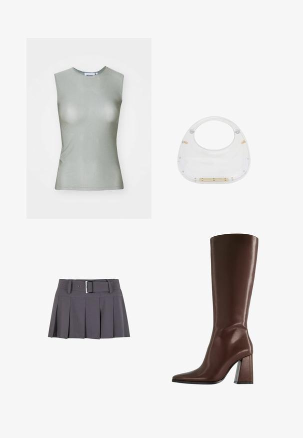 Ärmelloses, hellgrünes Oberteil aus glattem Stoff, mit hohem Kragen und taillierter Silhouette. Keine sichtbaren Beschläge oder Muster.; Grauer plissierter Minirock mit glatter Textur, ausgestattet mit einem breiten Bund, Gürtelschlaufen und einem rechteckigen Detail in Silber mit Schnalle.; Braune knöchelhohe Lederstiefel mit spitzer Zehenform und einem klobigen, transparenten Absatz. Glatte Textur mit minimalen Details.; Transparente Acryltasche mit abgerundetem oberen Teil und offenem Griff. Mit goldenen Hardwaredetails und einer glatten, polierten Oberfläche ausgestattet.