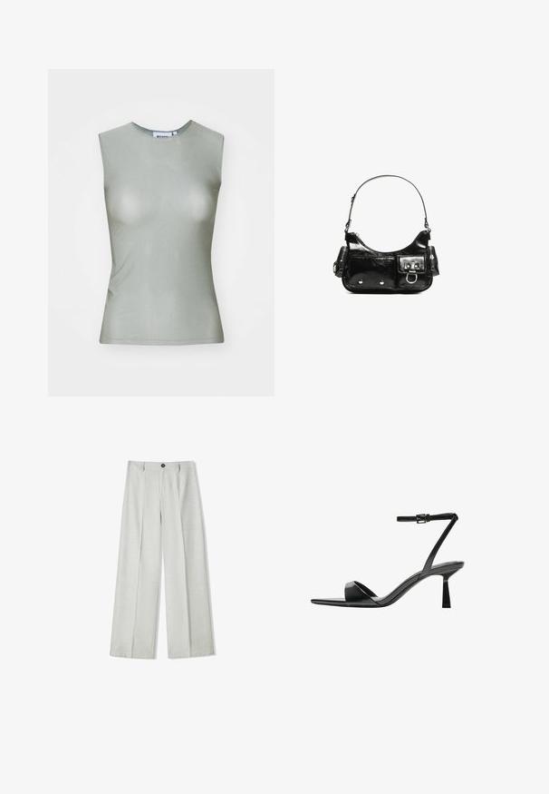 Ujjatlan, világoszöld top, sima anyagból készült, magas nyakkal és testhez simuló szabással. Nincsenek látható fémrészek vagy minták.; Világosszürke, bő szabású nadrág textúrált anyagból, gombos záródással és két pliszszel elöl az extra részletesség érdekében.; Bershka Magas sarkú szandálok - black; Fekete lakkbőr kézitáska ívelt formával, egy vállpánttal, elülső zsebekkel és ezüstszínű fémrészletekkel.