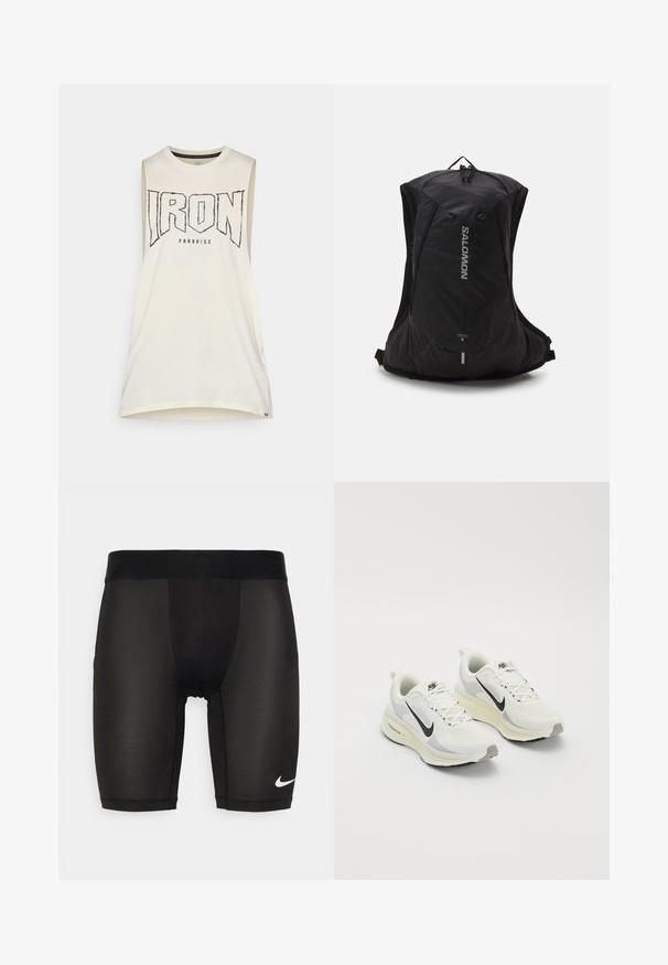Bez piedurknēm, krēmkrāsas topiņš ar izciliem melniem burtiem "IRON". Izgatavots no mīkstas kokvilnas, ar apaļu kakla izgriezumu un brīvu piegriezumu.; Melnas sporta šortus, kas izgatavoti no gludas, elastīgas auduma. Iezīmējas ar platām jostām ar iespiestu zīmolu un mazu balto logotipu uz kājas.; Skriešanas apavi, kas izgatavoti no baltas elpojošas acs ar gaiši pelēkiem akcentiem. Iekļauj melnu swoosh logotipu un gaiši pelēku gumijas zoli.; Salomon CROSS 8 - Mugursoma - black
